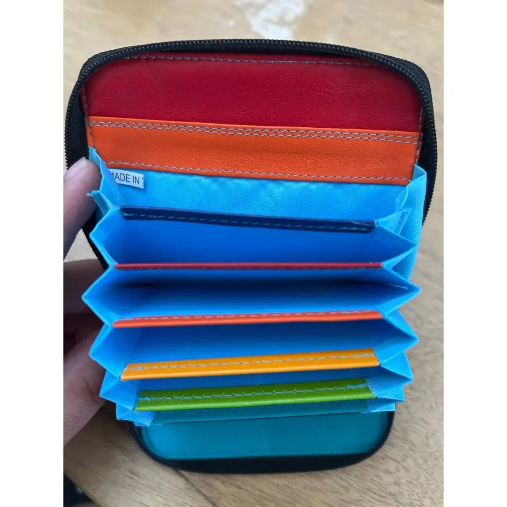 Mywalit Black Leather Accordion Card Holder Wallet Multicolor Rainbow Zip
